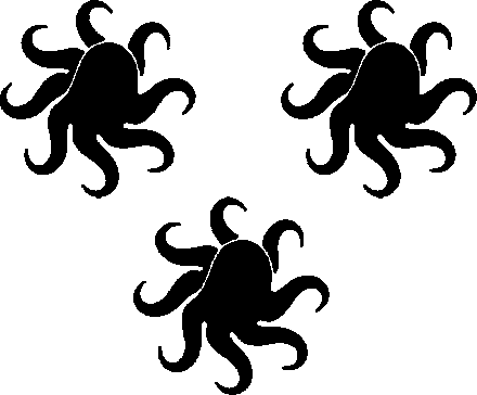 Drei schwarze Kraken auf gelbem Untergrund, angeordnet im Dreieck, Spitze nach unten.